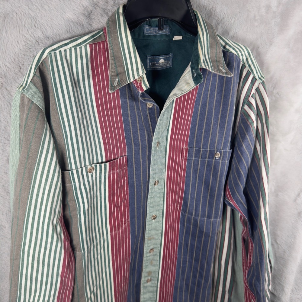 Cotton Brothers‎ Vintage 90s Striped Button Down Shirt Mens Large Green Blue USA